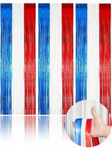 4pcs/Set American Independence Day Decoration Set, Including Red White Blue Decorations: Ribbons, Patriotic Foil Tassels Curtain And Photo Props - Perfect For American Themed Events, 4th Of July And Veterans Day Parties - Multicolor - View 2
