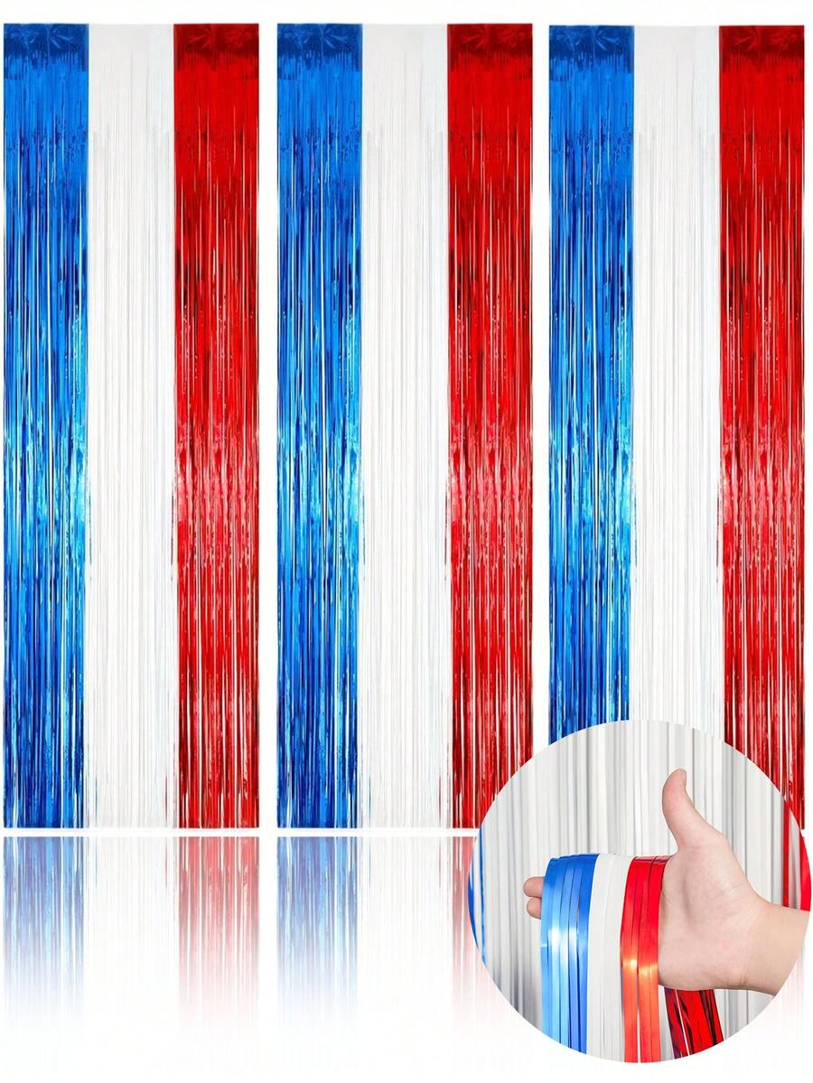 4pcs/Set American Independence Day Decoration Set, Including Red White Blue Decorations: Ribbons, Patriotic Foil Tassels Curtain And Photo Props - Perfect For American Themed Events, 4th Of July And Veterans Day Parties