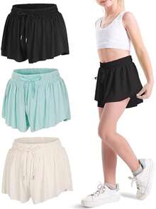 Workout Athletic Shorts For Womens 2 In 1 Double Layer Flowy Hem Running Shorts Biker Shorts Quick-Dry Drawstring High Waisted Gym Yoga Tennis Shorts Butterfly Skirt - Black - View 3