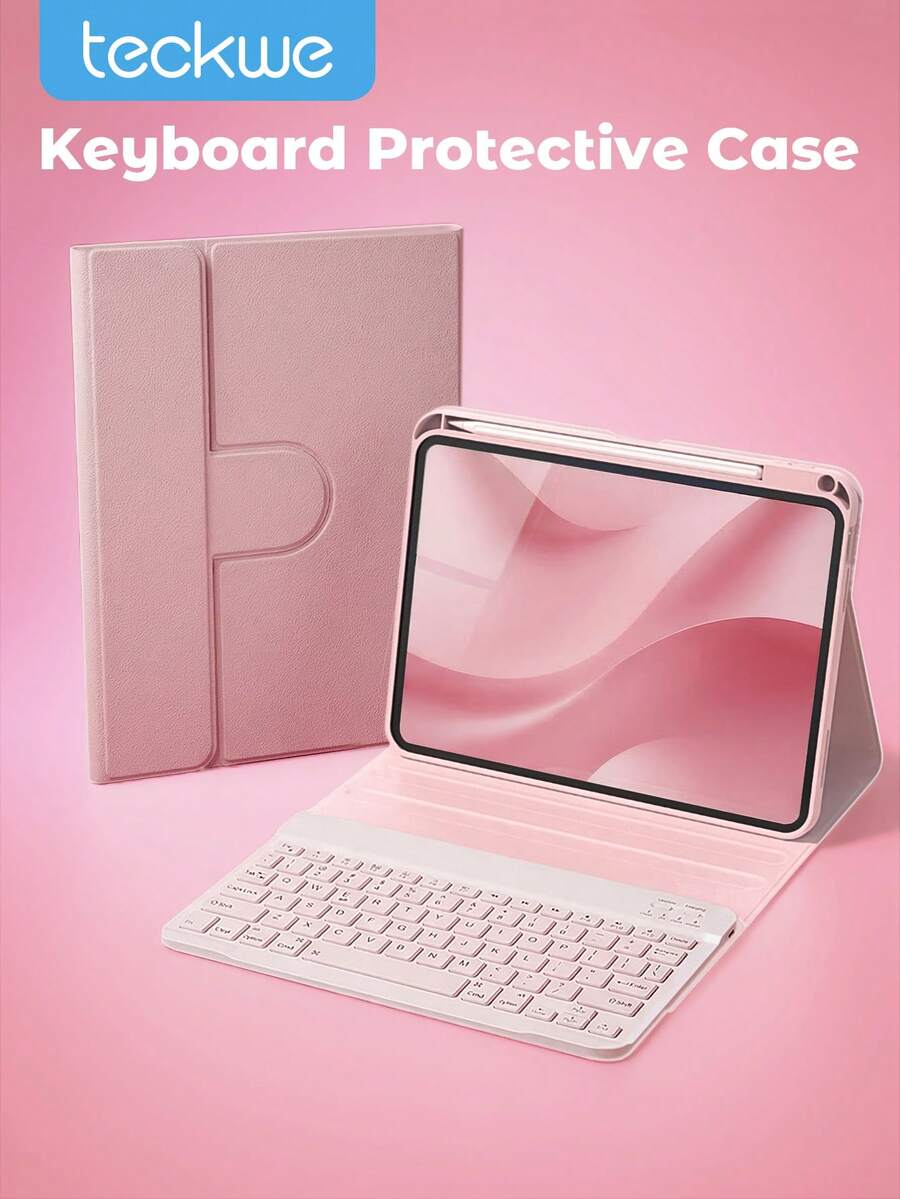 Teckwe Keyboard Case Compatible With Ipad, Wireless Keyboard And Detachable Leather Case With Pen Holder, Supports Automatic Sleep/Wake Lid, Lightweight Stand Cover-Pink - Pink - View 1