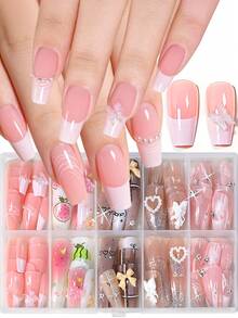 120片中号棺材形人造指甲贴片，饰有3D粉色和棕色蝴蝶结、水钻、蝴蝶图案，亚克力方形全覆盖芭蕾舞假指甲，适合女性，易于佩戴 - 彩色 - 查看 4