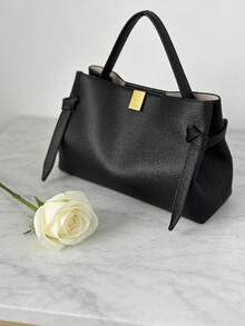 Bolso de mano de mujer de gran capacidad con diseño de patrón de lichi de unicolor - Negro - Ver 3