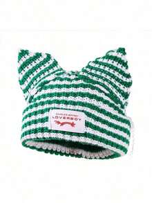 1pc Women's Fashion Striped Ear Adorned Distressed Fabric Knitted Hat, Warm Autumn/Winter Outfit Beanie Fall Outfit JXZP - Nhiều màu - Xem 4