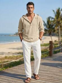 Áo sơ mi Henley nam bằng vải lanh, kiểu dáng retro, tay dài, thoáng khí, có mũ, thích hợp mặc ở nhà và đi làm, mùa xuân và mùa thu. - Màu Khaki - Xem 2