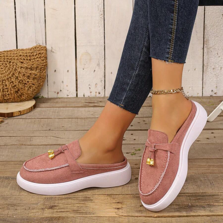 Pink Platform Mule Loafers - Gold Tassel Casual Fashion Beach Shoes - Baby Pink - View 1