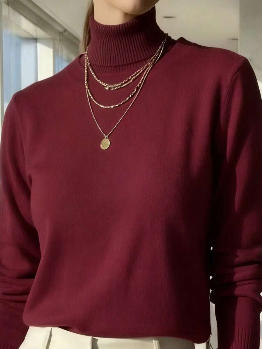 WOMEN'S LONG SLEEVE KNITTING BLOUSE WINTER BASIC HIGH NECK SWEATSHIRT - Burgundy - View 1