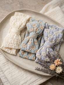 3 Packs Boho Eyelet Baby Headbands - Breathable Stretchy Big Bows For Girls - Soft Neutral Vintage Hairbands - Newborn Photo Props & Shower Gift - Multicolor - View 3