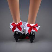 1 Pair Of Elegant Lace Stockings With A Red Bow - White Low-Cut Stretch Fiber Casual Fashion Stockings, Feminine Design. - 紅色 - 查看 7