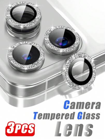 3pcs - Silver Glitter Camera Lens Protector For IPhone 17 Pro Max/17 Pro, Cute Feminine Metallic Glitter Protective Case For 16 Pro Max/16 Pro/16/15 Pro Max/15 Pro/15 Plus/15/14/13/12/11, 9H Scratch-Resistant Tempered Glass, Phone Accessories, Suitable For Phone Protective Case, Great Gift For Family And Friends