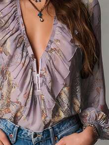 Vintage French Vacation Style Elegant Chiffon Allover Print Deep V-Neck Zipper Ruffle Sleeve Women Blouse Summer - Light Purple - View 3