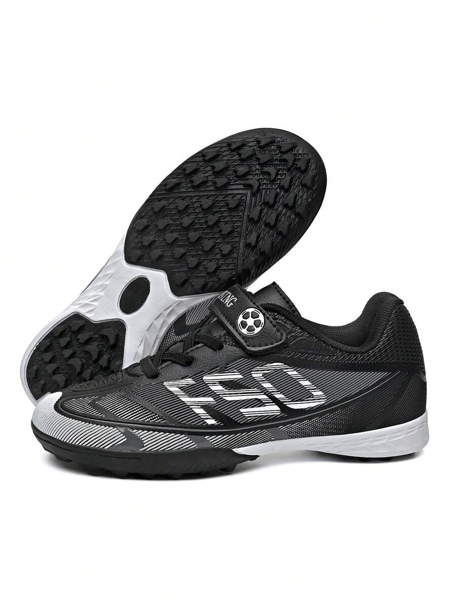 Kids' Football Shoes - Shock-Absorbing & Breathable, Comfortable & Durable, Always Ready For Match - Hook And Loop Closure, PU Upper, Nylon Lining, EVA Insole, Printed Pattern Design - Black - View 1