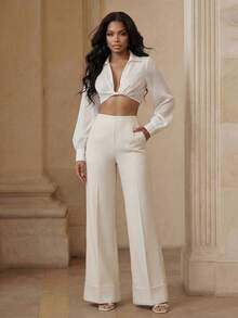 Playroots 女士优雅阔腿裤，时尚宽松版型长裤，适合春季穿搭、情人节、商务休闲场合 - 米色 - 查看 2