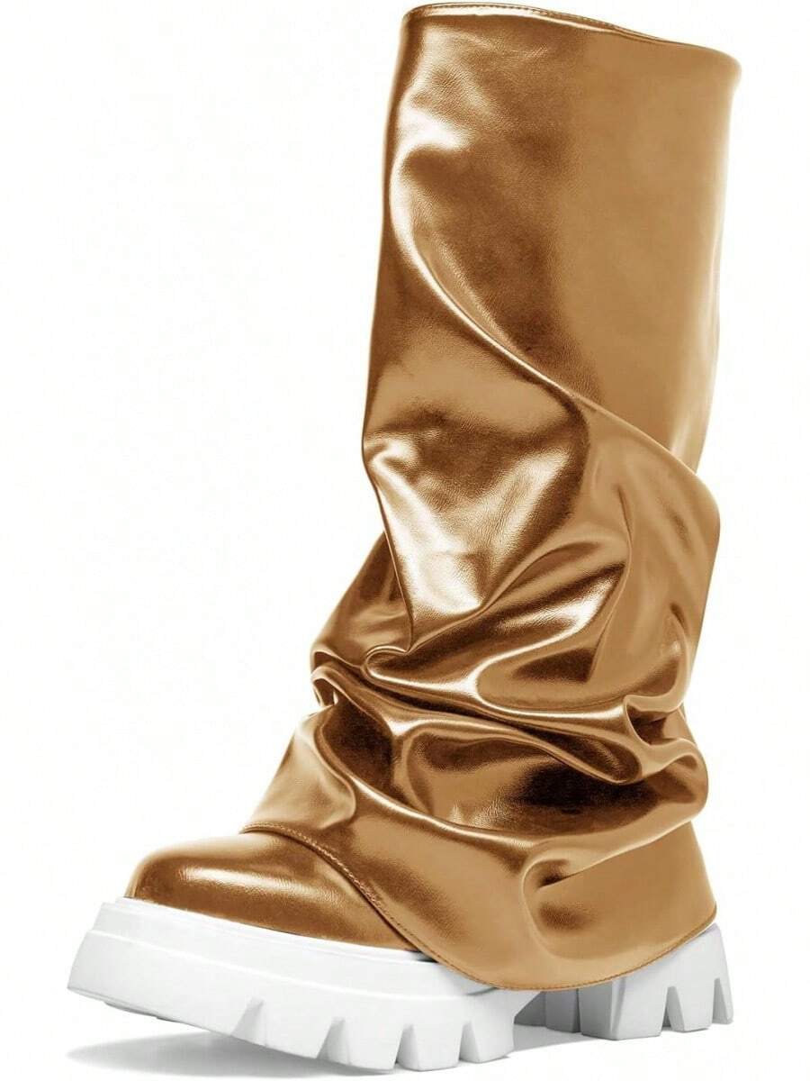 Women's Platform Round Toe Mid Calf Boots With Chunky Heel - M-gold - View 1