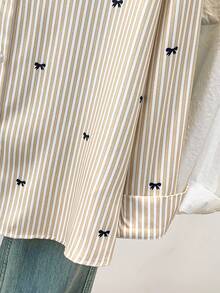 Áo sơ mi dài tay nữ in họa tiết sọc, thắt nơ, cài cúc phía trước, cổ áo sơ mi, kiểu dáng thường ngày, thích hợp cho mùa xuân, thu và đông. - Màu be - Xem 7