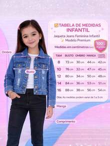 Jaqueta Jeans Infantil Feminina Curta Estilo Moderno Confortável Look Moda Menina Dia a Dia - Lavagem escura - Visão 5