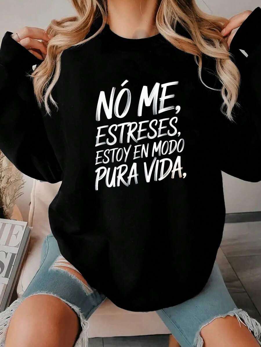 Women's Funny Spanish Graphic Sweatshirt - Red With White Lettering, Crew Neck Casual Pullover, Relaxed Fit Fall & Spring Sweater, Machine Washable Spanish Quote Apparel, Everyday Outfit, Weekend Attire,  Top, Durable Construction, Soft Fabric, Pullover Sweater, Printed Hoodie Alternative, Adults - 黑色 - 查看 1
