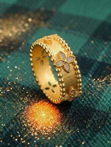 rundraw 1枚18K镀金黄铜镶嵌立方氧化锆复古奢华哑光宝石戒指，是送给女性的理想礼物，适合日常佩戴。 - 金色 - 查看 11