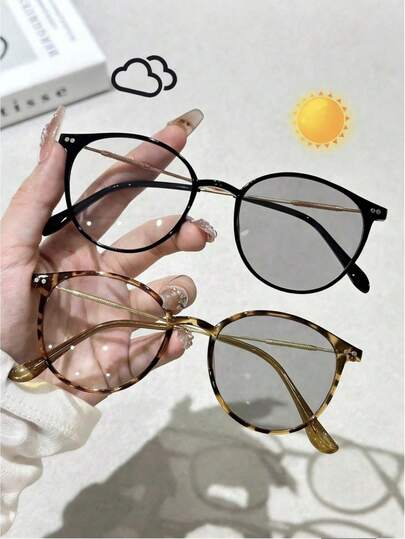 两副/套圆形豹纹塑料金属Y2K个性可爱经典坏小子风格变色眼镜，适合户外旅行、驾驶、钓鱼、露营和其他休闲活动，时尚配饰，适合所有脸型，圆形镜框