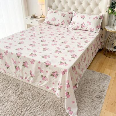 1pc 100% Lightweight Polyester Fabric Floral Printed Bedsheet, Breathable Bedding, Bedroom Decor Bedcover, Suitable For Adults And Teenagers