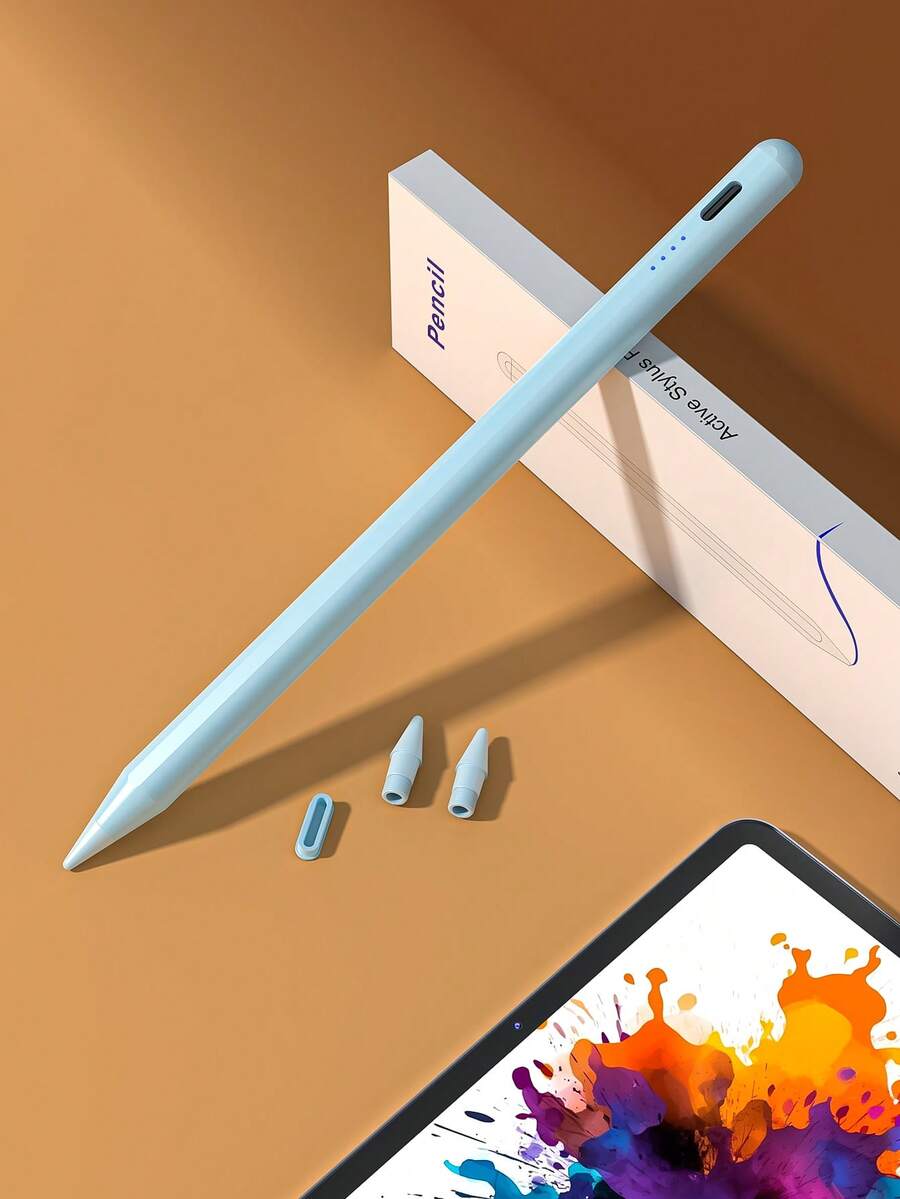 Bút cảm ứng độ nhạy cao, sử dụng pin 90mAh, tương thích với iPad 11/10/9/8/7/6, Air 7/6/5/4/3, Pro 13"/12.9"/11" 2018-2025, Mini 7/6/5, có chức năng phát hiện độ nghiêng và loại bỏ lỗi chạm lòng bàn tay, màu xanh nhạt.