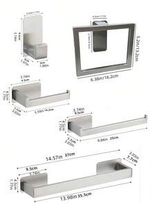 1 Set Stainless Steel Bathroom Accessories, Thickened Towel Bar With Towel Ring, No-Drill Robe Hook, Toilet Paper Holder, Bathroom Shelf - Silver - View 2