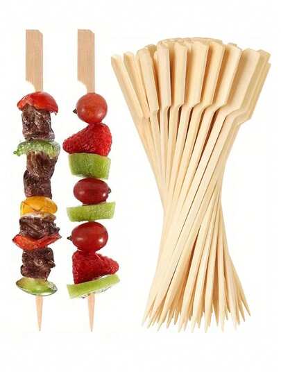 100pcs/50pcs/10pcs Flat Wooden Bamboo Skewers, Toothpick Set, Suitable For Drinks, Fruit Picks, Sausages, Grilled Snacks, Restaurants, Hotels, Party Food Accessories, Natural Wooden Mini Food Labels