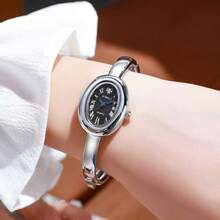 New Stainless Steel Strap Quartz Watch, Minimalist Fashionable Versatile Oval Dial Ladies Wristwatch - Silver Ribbon On White Background - View 6