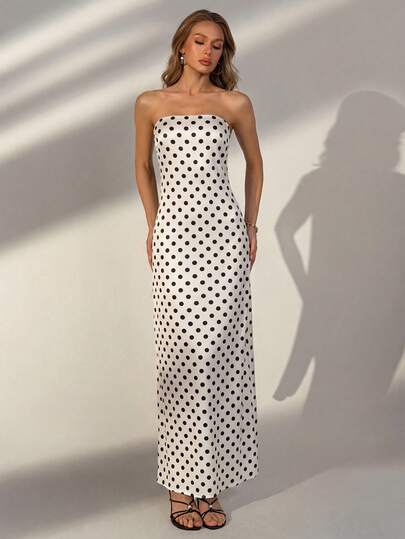 优雅复古白色波点无肩带连衣裙 - 适合婚礼宾客、夏季度假、海滩郊游、休闲晚餐等场合