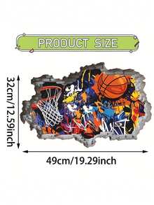 19.29 X 12.59 Inch Wall Decal, Street Graffiti Style Basketball Theme With Basketball, Hoop, Colorful Dots, And Creative Graffiti Font, Suitable For Bedroom, Dorm, Game Room And Home Decor - D - View 2