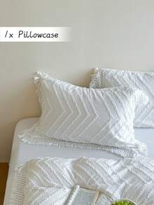 1pc Boho White Wavy Striped Cutout Tufted Pillowcase With Tassels, Vintage Farmhouse Style Polyester Decorative Throw Pillow Cover, Suitable For All Seasons, Decor, Machine Washable, Durable, No Filling Included - White - View 1
