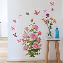 1/2/3pcs Watercolor Pink Rose Butterfly Wall Stickers, Elegant Floral Decals For Living Room Hallway Decoration, Removable Vinyl DIY Wall Art, Aesthetic Room Decor Gift - Floral Wall Sticker - View 6