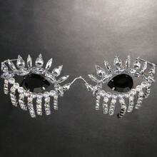 1pc Silver Personalized Funny Rhinestone Eye Shape Glasses Frame With Crystal Tassel Chain Decor, Women's Stage Performance Gift - Silver - View 4