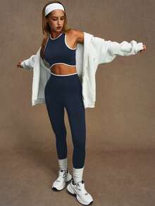 VVX 女士健身套装两件套，撞色拼接露背运动文胸，带可拆卸胸垫，收腹提臀，高腰紧身裤，无缝瑜伽服套装，撞色滚边，适合健身房、运动、休闲日常穿着，四季皆宜 - 藏蓝色 - 查看 5