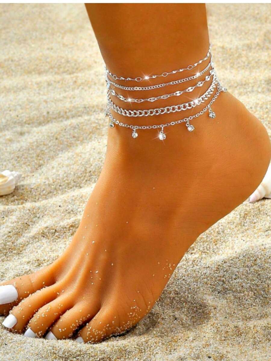 5pcs Minimalist Fashionable Personalized Shiny Multi-Element Chain Anklet Set, Suitable For Holidays, Parties, And Daily Wear - Silver - View 1