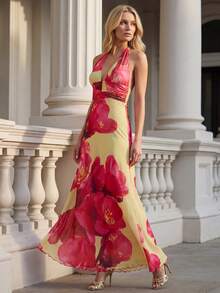 Vestido Largo Bohemio Sin Mangas Floral para Mujer, Cuello Alto y Ajustado, Ligero para Playa y Vacaciones de Verano - Rojo - Ver 3