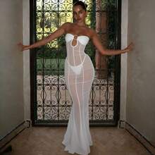 透明网纱美人鱼晚礼服 - 性感镂空正式礼服，适合魅力四射的夜生活，白色优雅款 - 白色 - 查看 6