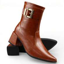 Women's Ankle Boot With Buckle, Medium Block Heel, Comfortable, Pointed Toe, Winter 2026, Formal/Casual - 駝色 - 查看 4