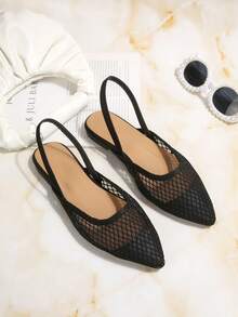 Black Pointed Toe Slingback Shoes, Lace Mesh Vamp Design, Elastic Band, Casual Loafers, Elegant Minimalist Style, Suitable For Commuting - Black - View 7