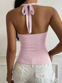 Summer Y2K Sexy Minimalist Camisole Top For Girls, With Ruched Front Design. Pink Camisole Suitable For Beach, Casual Street, And Commute Wear. - Pink - View 11