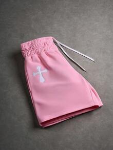 美国街头洛杉矶十字刺绣粉色短裤，宽松抽绳休闲男士短裤 - 粉色 - 查看 6