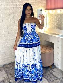 Long Strapless Dress With Print And Elasticated Crepe Fabric. Wrinkle-Free Fabric. - Blue - View 1