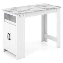 GOFLAME Faux Marble Pub Table With 7 Hanging Hooks, Compartment, Cabinet & Adjustable Shelf, 100cm Long Counter Height Table, Rectangular Dining Table For Living Room & Kitchen, White - White - View 10