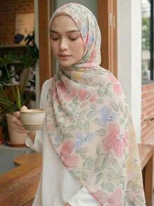 1 pieza Pañuelo de mujer con estampado floral de acuarela, pañuelo ligero, práctico y elegante, adecuado para uso diario y playa - flores rosas - Ver 4