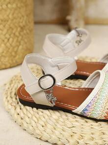 夏季新款女童彩虹编织露趾凉鞋，波西米亚风金属扣防滑沙滩鞋 - 米色 - 查看 6