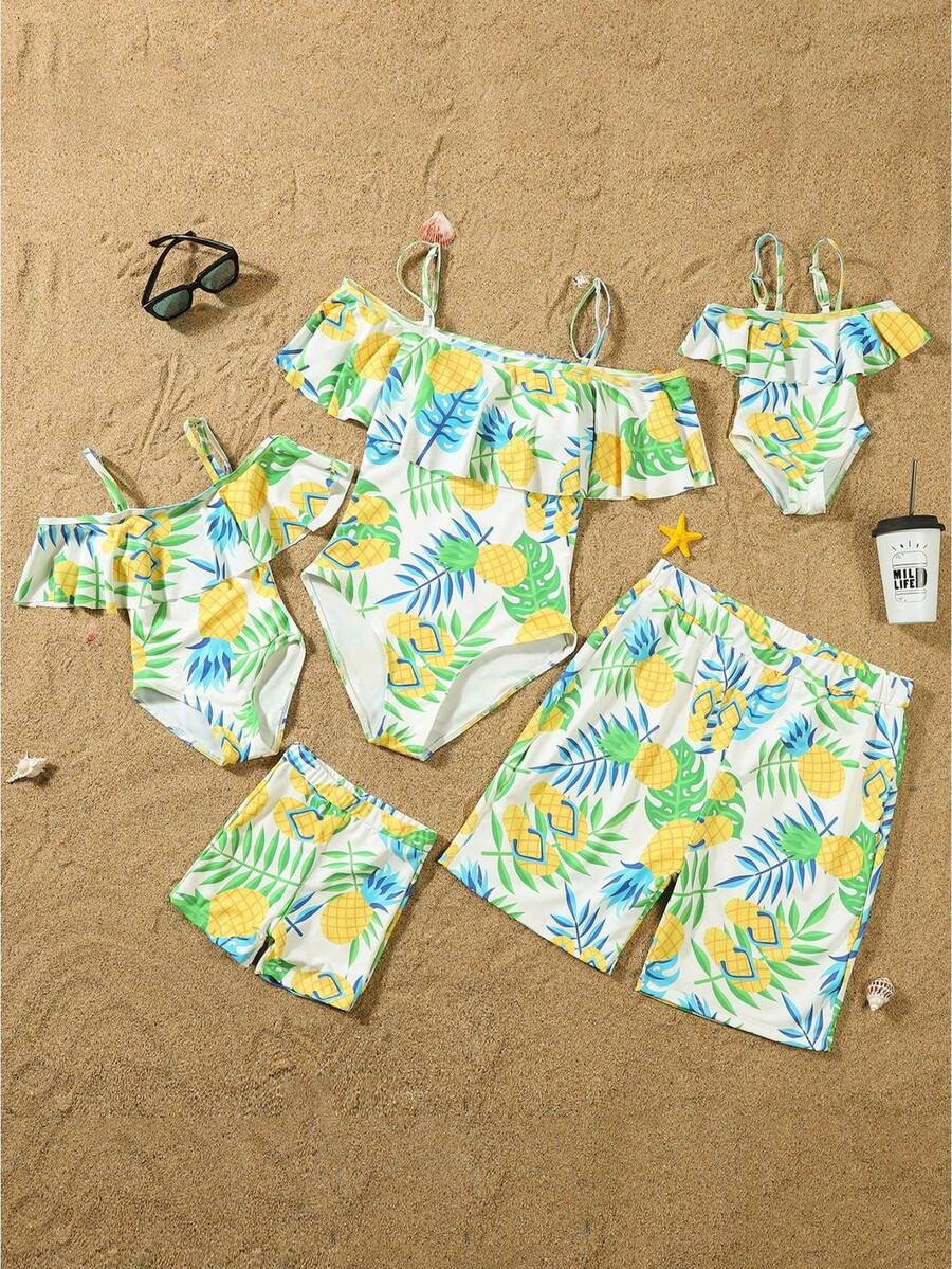 Family Matching Swimsuit Pineapple Print Ruffle Hem One Piece Bathing Suit Women Kids Girls Beachwear Swim Trunks Men&Boys Swimwear For Whole Family - 男士 - 查看 1