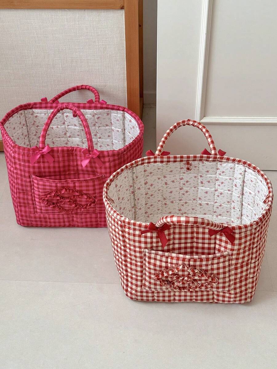 Minimalist Plaid Quilted Bow Decor Large Capacity Laundry Basket, Suitable For Home Use All Year Round For Bedroom Storage Box Clothes Storage Clothes Bag Travel Essentials - Multicolor - View 1