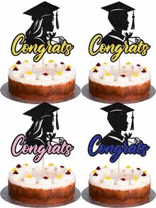 1pc Black & Gold "Congrats" Cake Topper, Black & Blue Graduation Boy Cake Topper, Black & Pink Graduation Girl Cake Topper, 2026 Graduation Theme Party Cake Decorations - Graduate - View 1