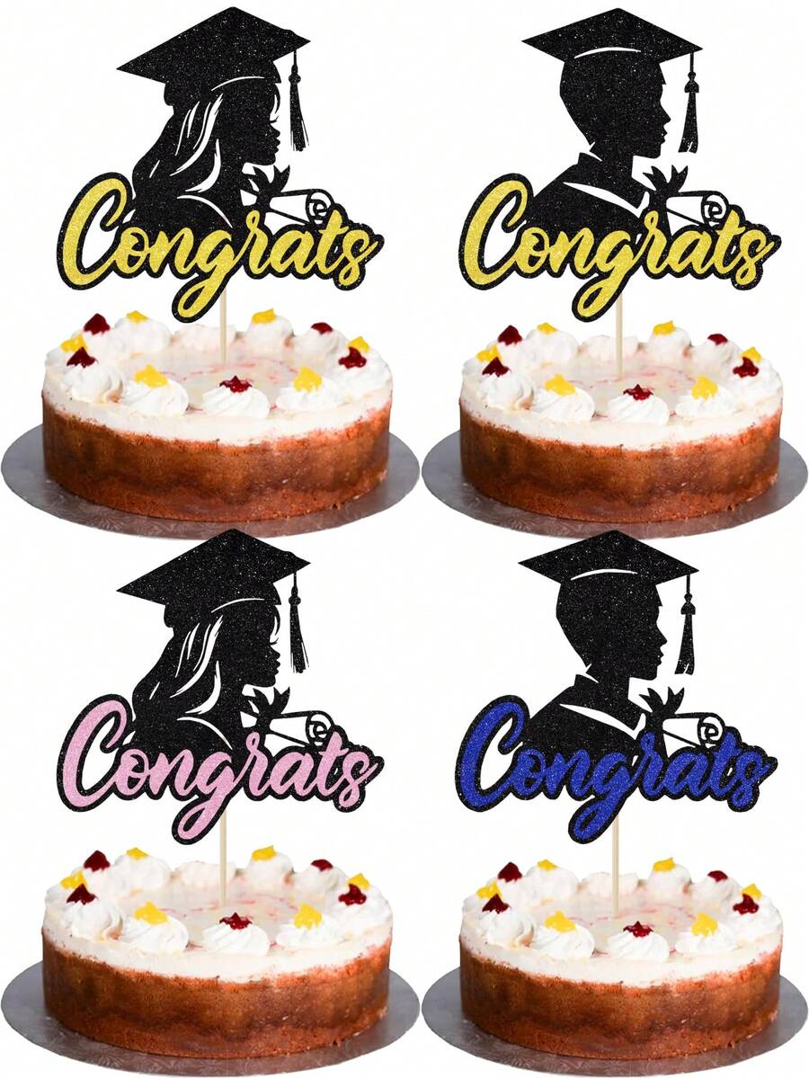 1pc Black & Gold "Congrats" Cake Topper, Black & Blue Graduation Boy Cake Topper, Black & Pink Graduation Girl Cake Topper, 2026 Graduation Theme Party Cake Decorations - Graduate - View 1