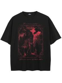 Black Tee Shirt Scary Castle Graphic - Red - View 2