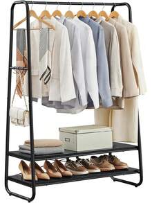 VASAGLE Kleiderständer, Garderobenständer, Garderobe, 2 Ablagen, 6 Haken in S-Form, Stahlgestell, 45 x 138 x 160, für Schlafzimmer, Flur, Eingangsbereich, naturbeige-mattweiß RGR119W09 WIRH - Ebenholzschwarz + Mattschwarz - Übersicht 12
